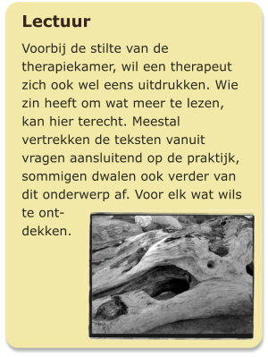 Lectuur Voorbij de stilte van de therapiekamer, wil een therapeut zich ook wel eens uitdrukken. Wie zin heeft om wat meer te lezen, kan hier terecht. Meestal vertrekken de teksten vanuit vragen aansluitend op de praktijk, sommigen dwalen ook verder van dit onderwerp af. Voor elk wat wils te ont- dekken.